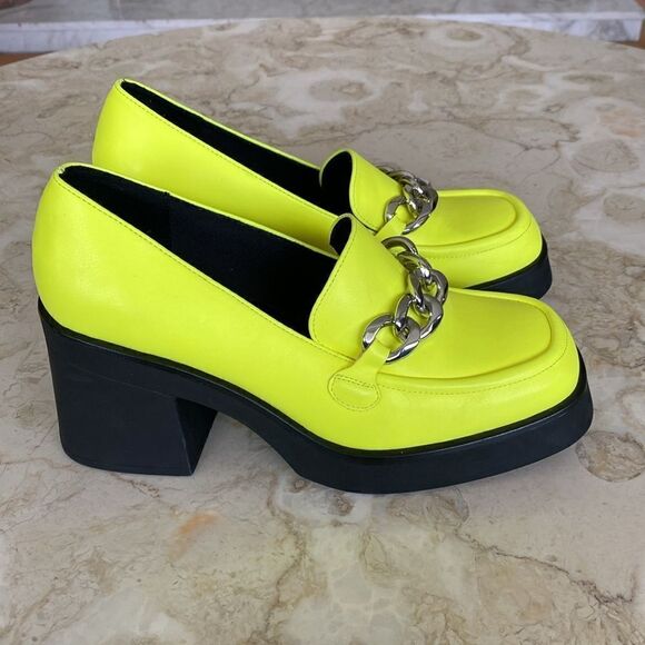 Call It Spring Noella Chain Platform Neon Green Vegan Leather Chunky Loafers - Picture 1 of 13